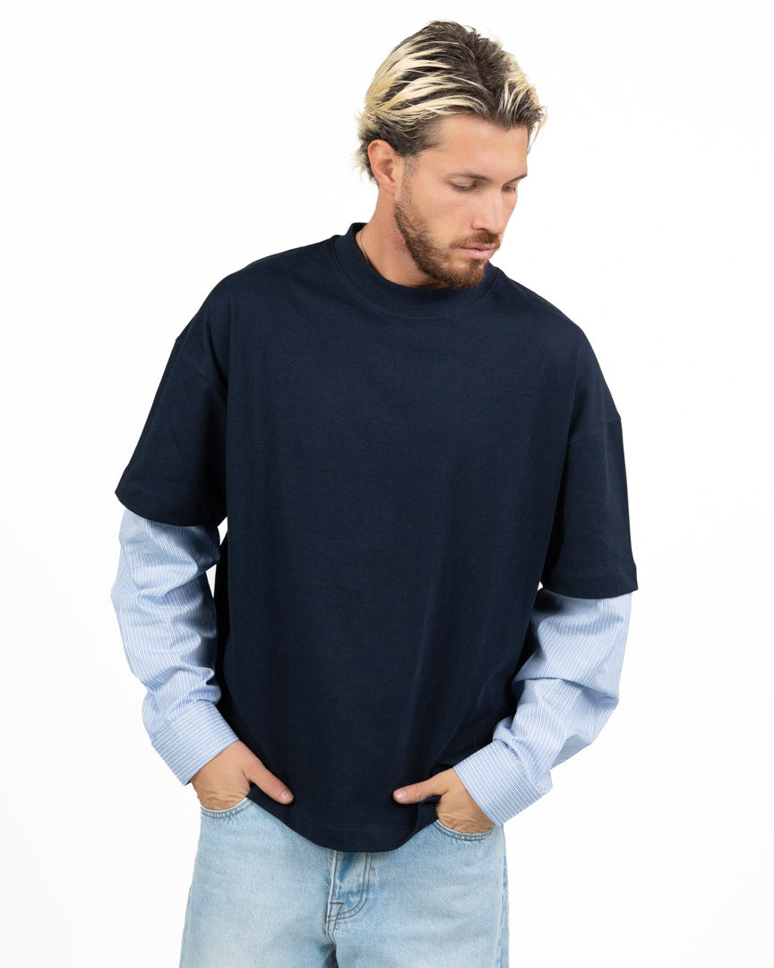 Maglia 2-in-1 Combo T-shirt Blu Notte e Maniche Camicia a Righe - I'M Brian