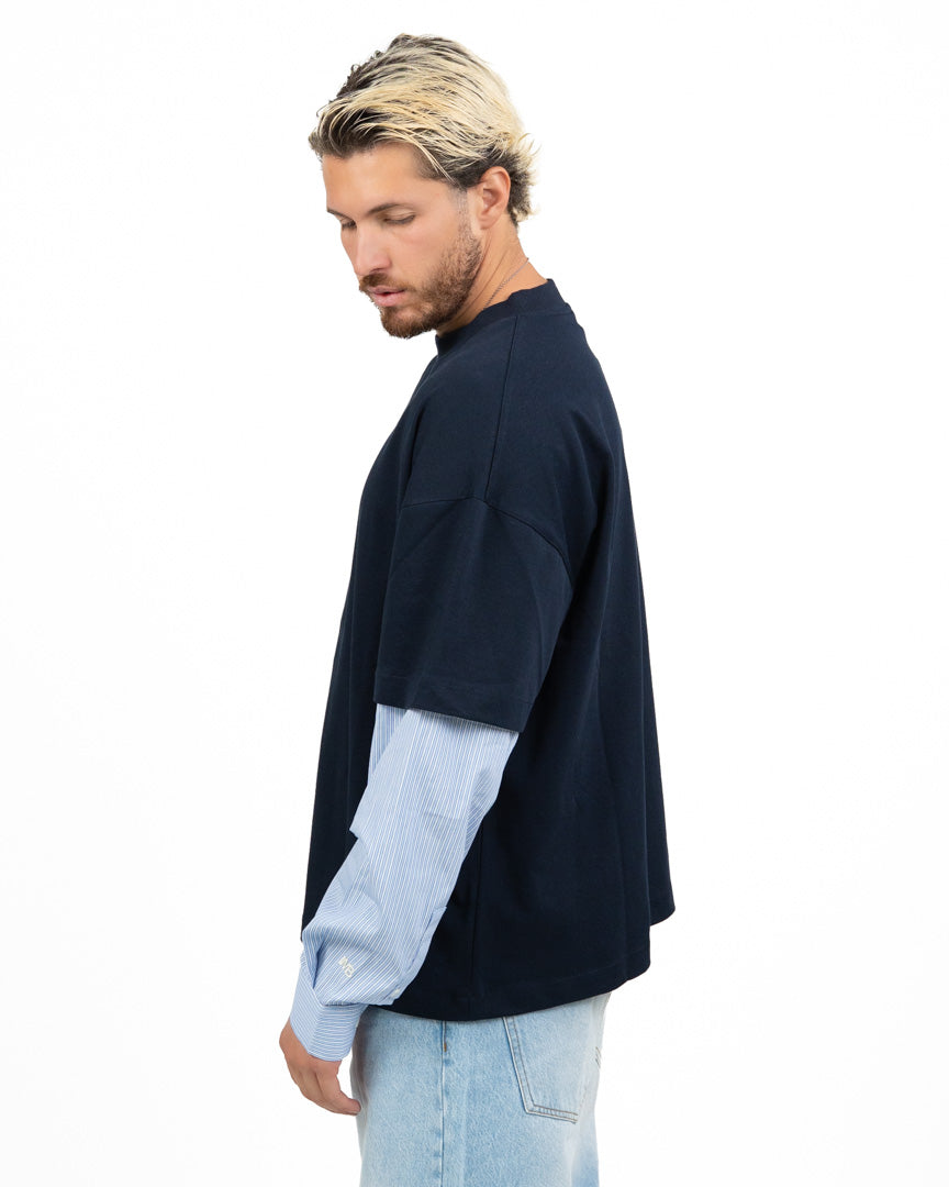 Maglia 2-in-1 Combo T-shirt Blu Notte e Maniche Camicia a Righe - I'M Brian