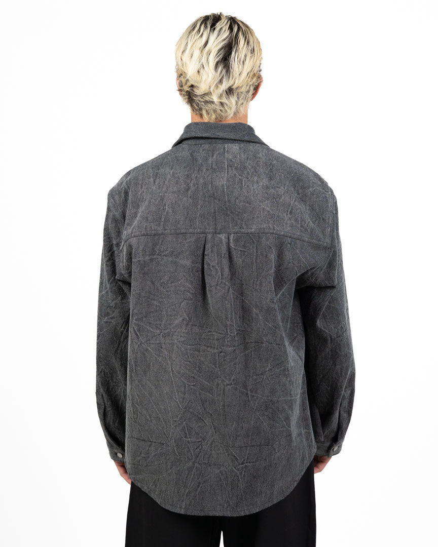 Overshirt in Denim Lavato Effetto Crinkle con Taschino in Pelle - I'M Brian