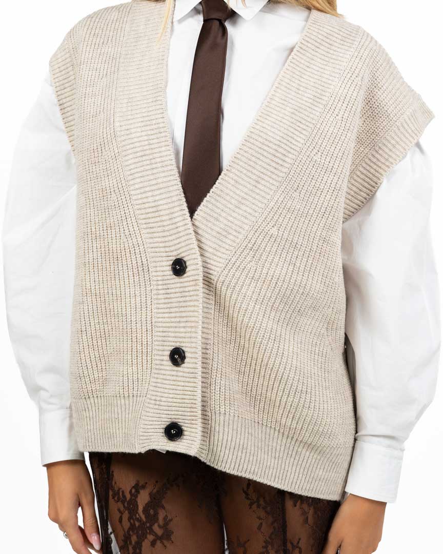 Gilet Cardigan in Maglia con Scollo a V - Beige Melange - Vicolo