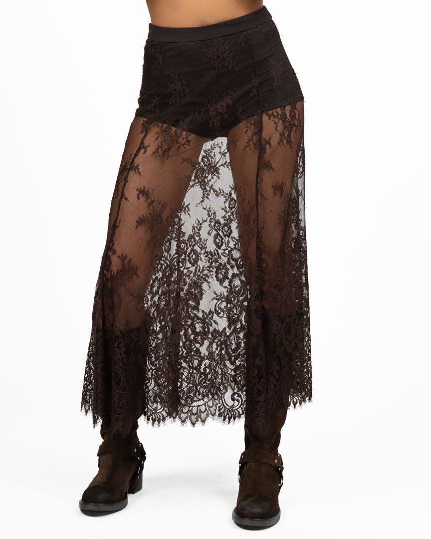 Gonna Lunga in Pizzo Semitrasparente con Culotte Integrata moro - Vicolo
