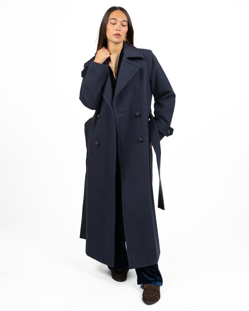 Cappotto Lungo Doppio Petto con Cintura - Blu Notte - Souvenir