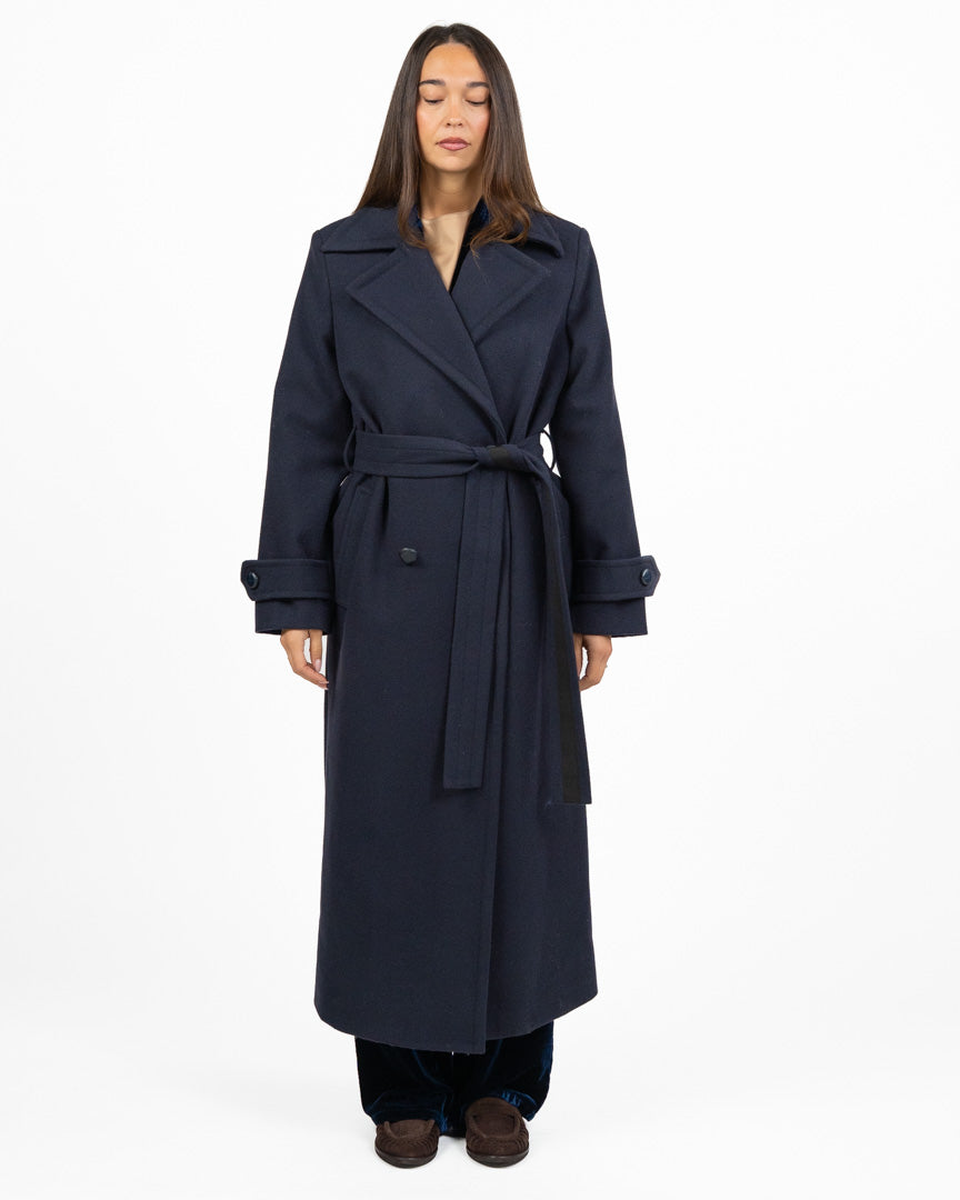 Cappotto Lungo Doppio Petto con Cintura - Blu Notte - Souvenir