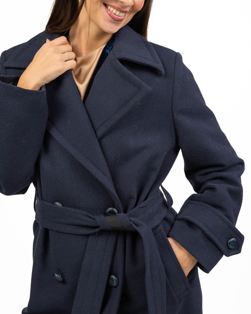 Cappotto Lungo Doppio Petto con Cintura - Blu Notte - Souvenir