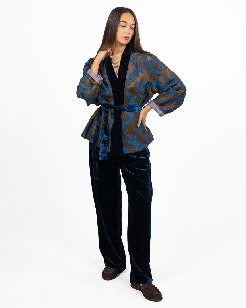 Kimono Giacca in Jacquard Damascato con Dettagli in Velluto - Wu Side