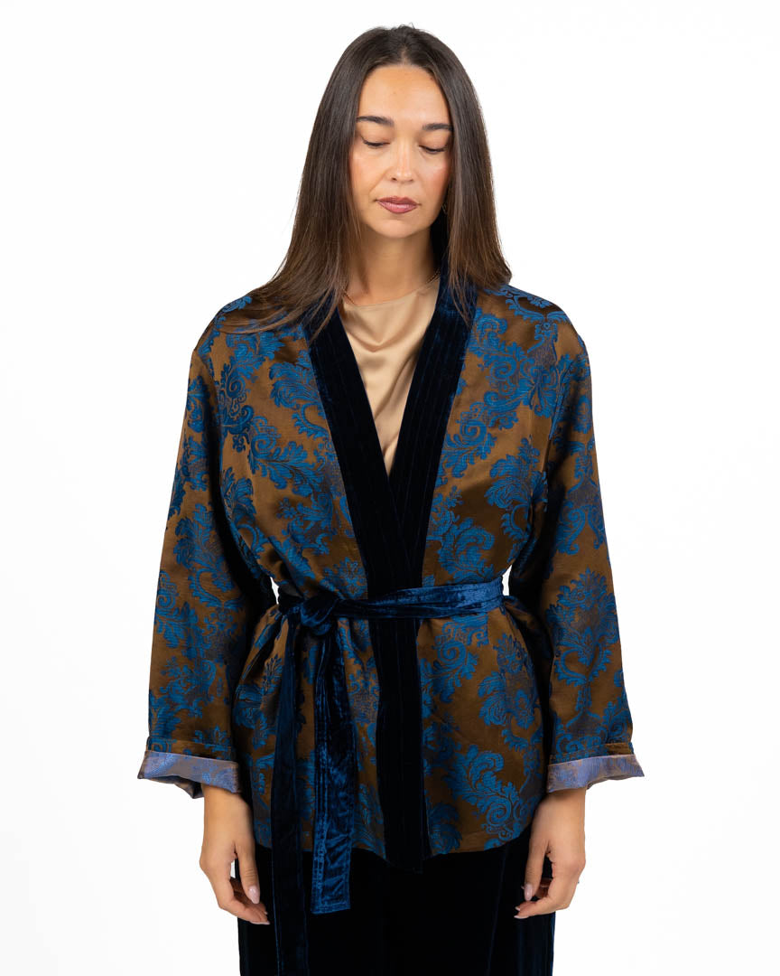 Kimono Giacca in Jacquard Damascato con Dettagli in Velluto - Wu Side