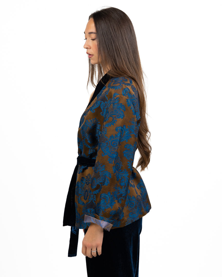 Kimono Giacca in Jacquard Damascato con Dettagli in Velluto - Wu Side