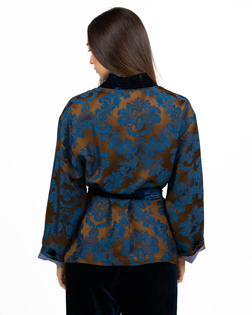 Kimono Giacca in Jacquard Damascato con Dettagli in Velluto - Wu Side