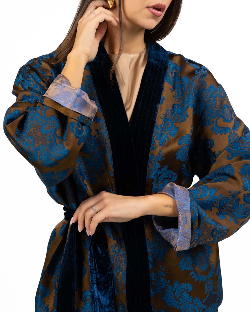 Kimono Giacca in Jacquard Damascato con Dettagli in Velluto - Wu Side