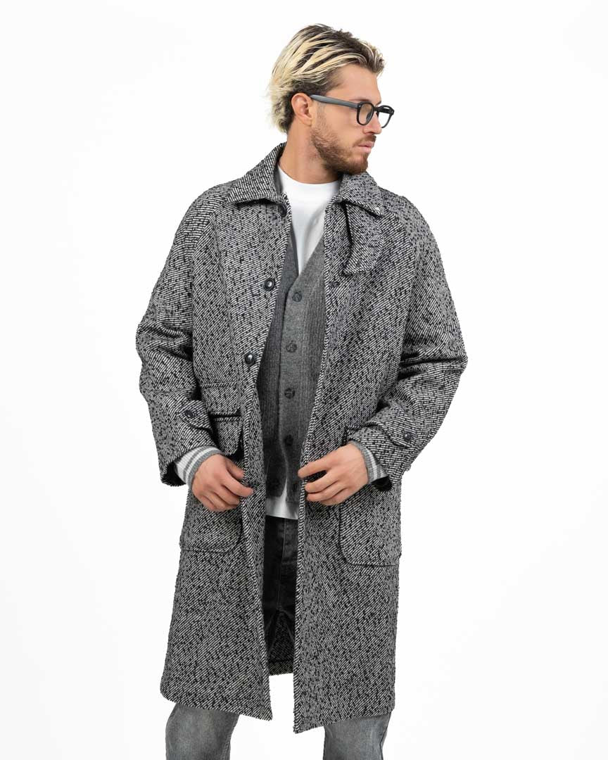 Cappotto Lungo in Tweed Spinato con Maniche Raglan e Cinturino al Collo - Berna
