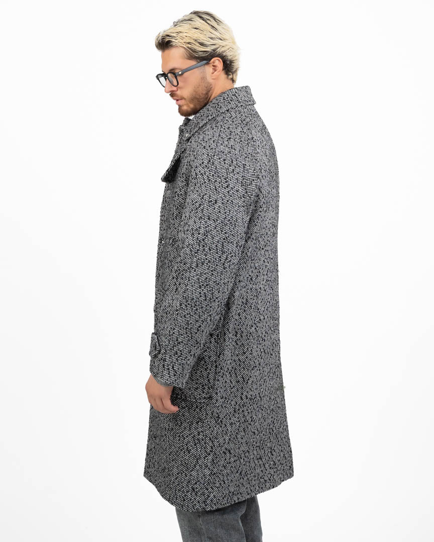 Cappotto Lungo in Tweed Spinato con Maniche Raglan e Cinturino al Collo - Berna