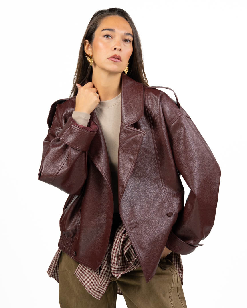 Giubbotto Bomber Oversize in Ecopelle Martellata - Bordeaux - Vicolo