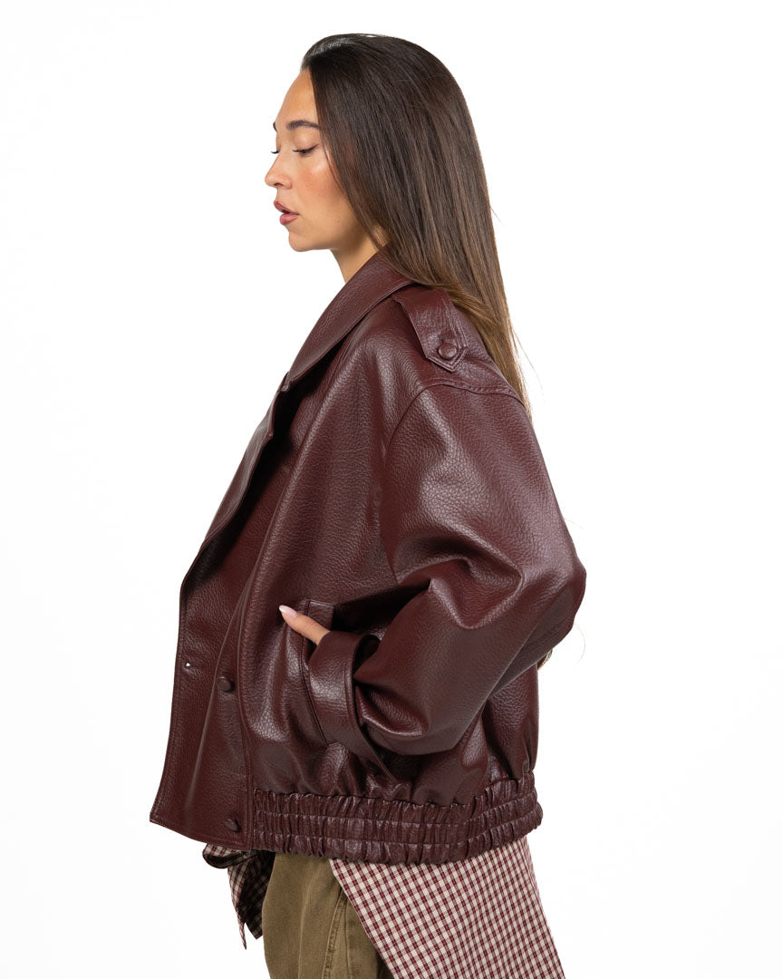 Giubbotto Bomber Oversize in Ecopelle Martellata - Bordeaux - Vicolo