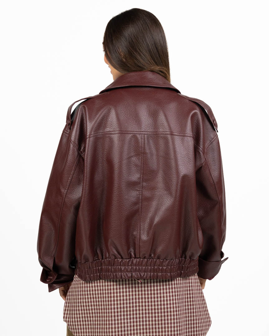Giubbotto Bomber Oversize in Ecopelle Martellata - Bordeaux - Vicolo