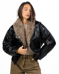 Giambotto Bomber in Pelle Nera con Collo in Ecopelliccia Bouclé - Eleh