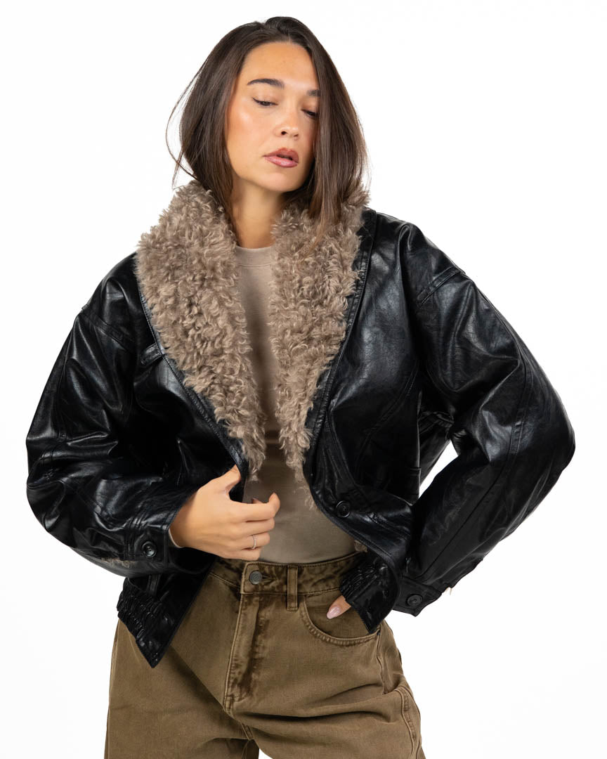 Giambotto Bomber in Pelle Nera con Collo in Ecopelliccia Bouclé - Eleh
