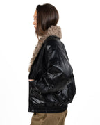 Giambotto Bomber in Pelle Nera con Collo in Ecopelliccia Bouclé - Eleh