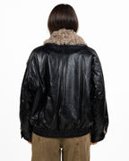Giambotto Bomber in Pelle Nera con Collo in Ecopelliccia Bouclé - Eleh
