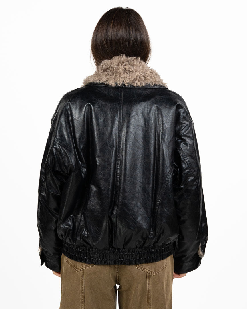Giambotto Bomber in Pelle Nera con Collo in Ecopelliccia Bouclé - Eleh