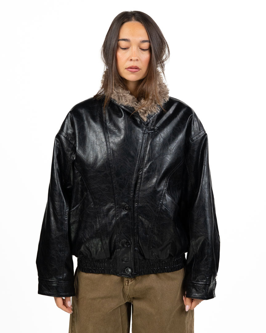 Giambotto Bomber in Pelle Nera con Collo in Ecopelliccia Bouclé - Eleh