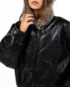 Giambotto Bomber in Pelle Nera con Collo in Ecopelliccia Bouclé - Eleh