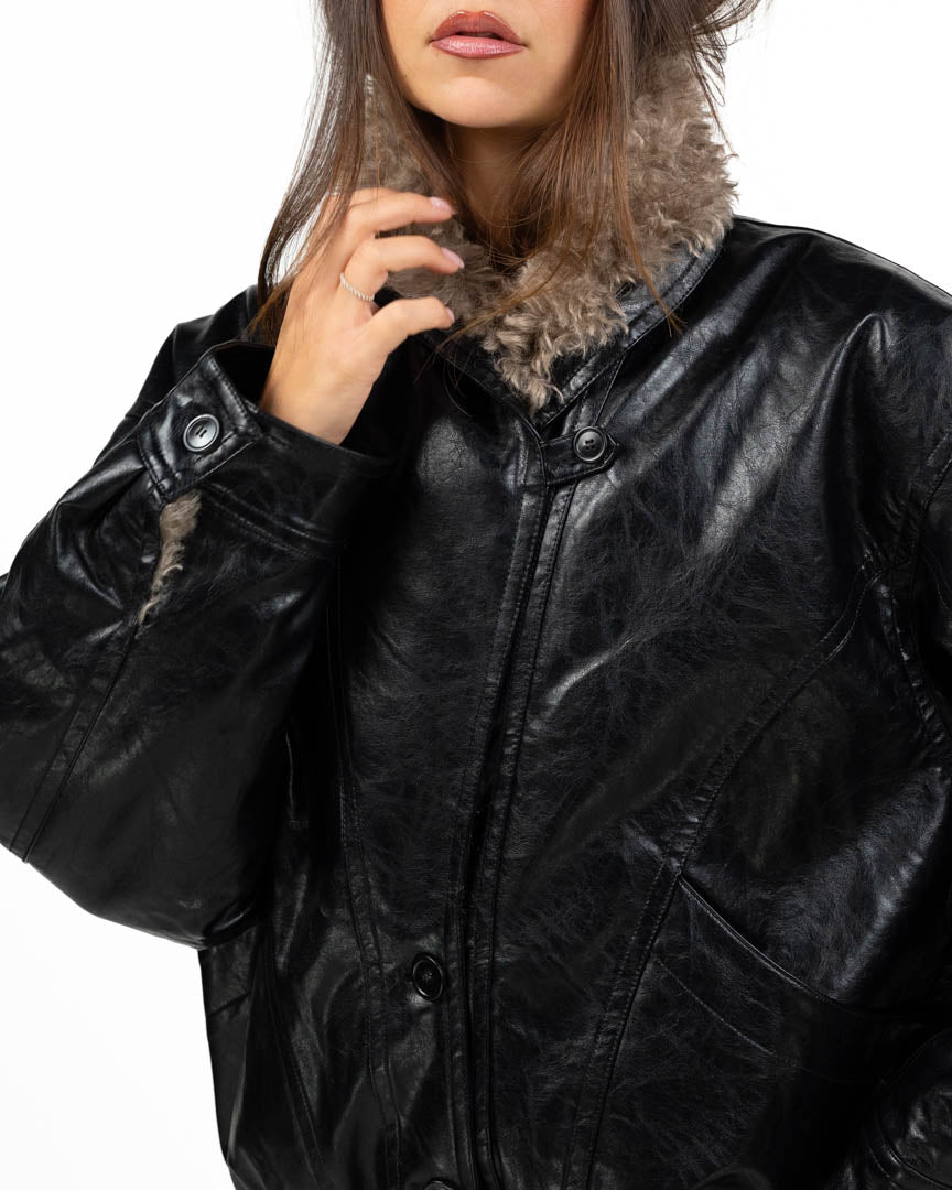 Giambotto Bomber in Pelle Nera con Collo in Ecopelliccia Bouclé - Eleh