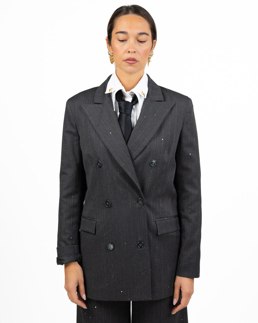 Blazer Doppio Petto Gessato Grigio Scuro con Strass / Dettagli Punti Luce - Gaudì