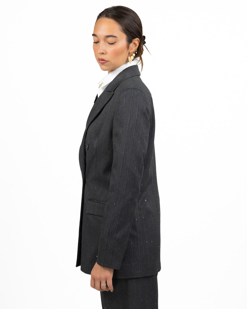 Blazer Doppio Petto Gessato Grigio Scuro con Strass / Dettagli Punti Luce - Gaudì