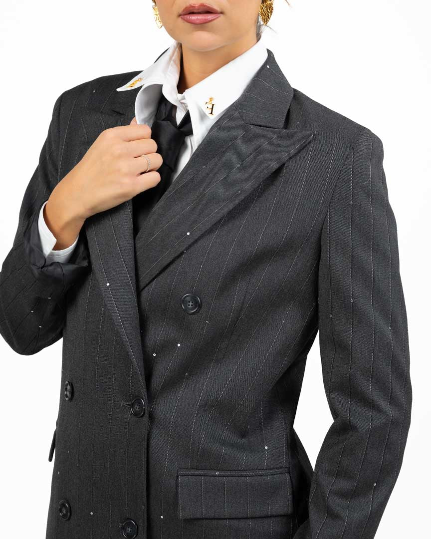 Blazer Doppio Petto Gessato Grigio Scuro con Strass / Dettagli Punti Luce - Gaudì