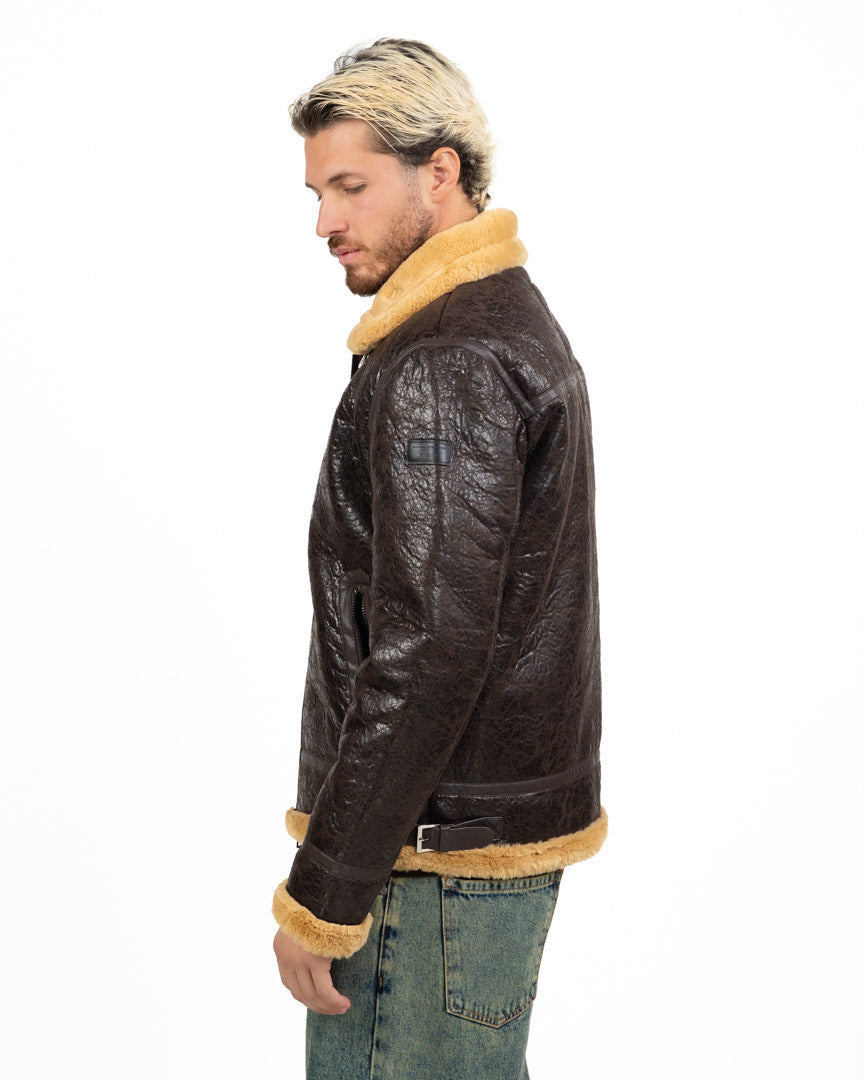Giubbotto Aviatore in Shearling / Montone Sintetico Effetto Vissuto - Berna