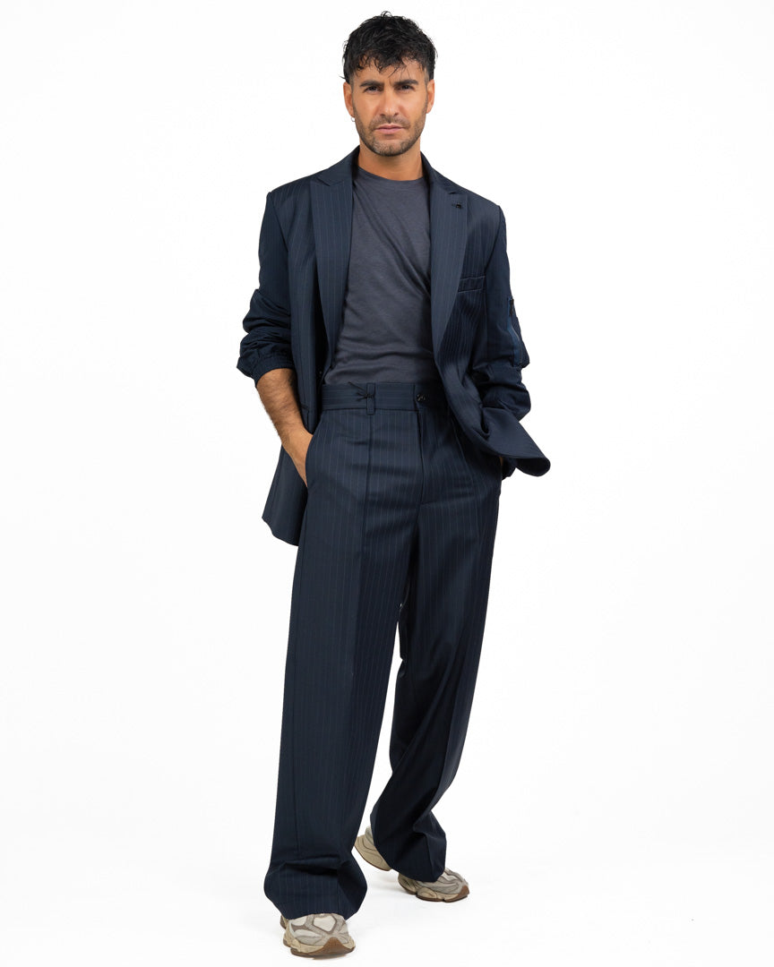 Pantalone Gessato Wide Leg - Blu Notte - Patrizia Pepe