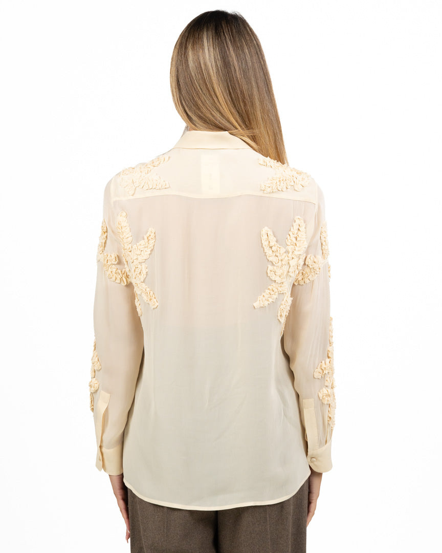 Camicia Semiaffusolata in Chiffon Burro con Applicazioni Floreali Tridimensionali - Emme Marella