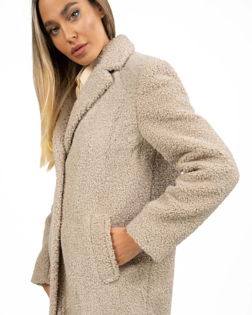 Cappotto Lungo Invernale in Tessuto Bouclé / Teddy Beige Chiaro - Emme Marella