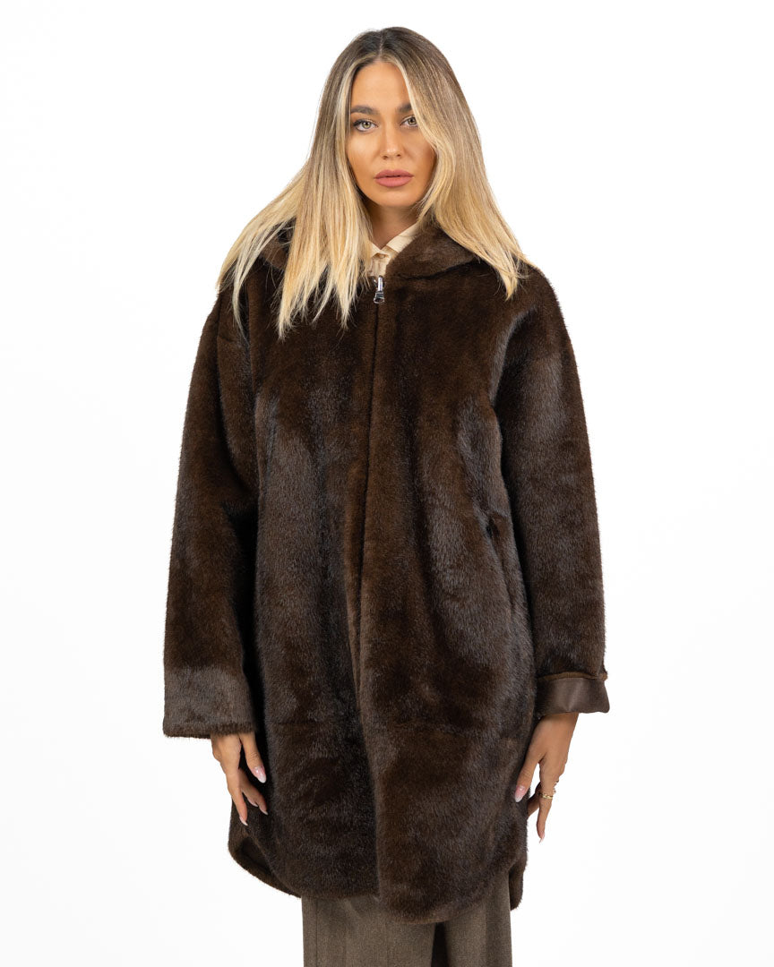 Cappotto Reversibile in Ecopelliccia e Camoscio con Cappuccio - Montereggi