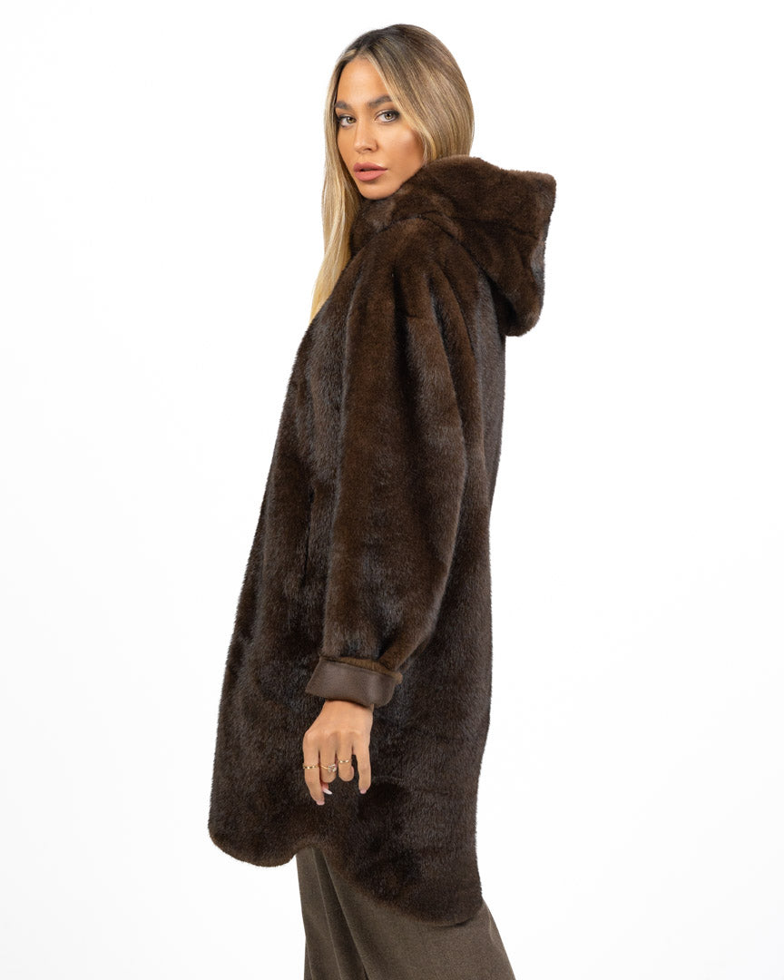 Cappotto Reversibile in Ecopelliccia e Camoscio con Cappuccio - Montereggi