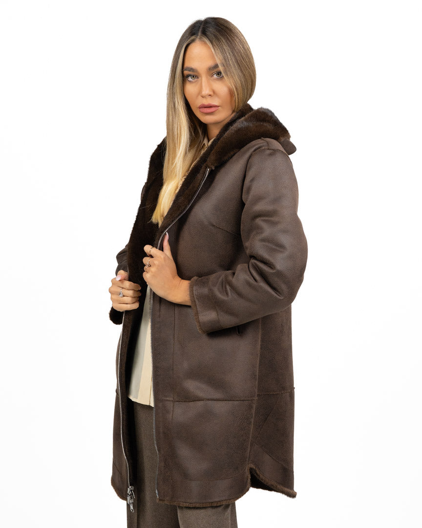 Cappotto Reversibile in Ecopelliccia e Camoscio con Cappuccio - Montereggi