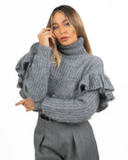 Maglione Elisabetta Franchi Dolcevita Crop in Maglia Melange con Volant
