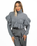 Maglione Elisabetta Franchi Dolcevita Crop in Maglia Melange con Volant
