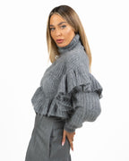 Maglione Elisabetta Franchi Dolcevita Crop in Maglia Melange con Volant