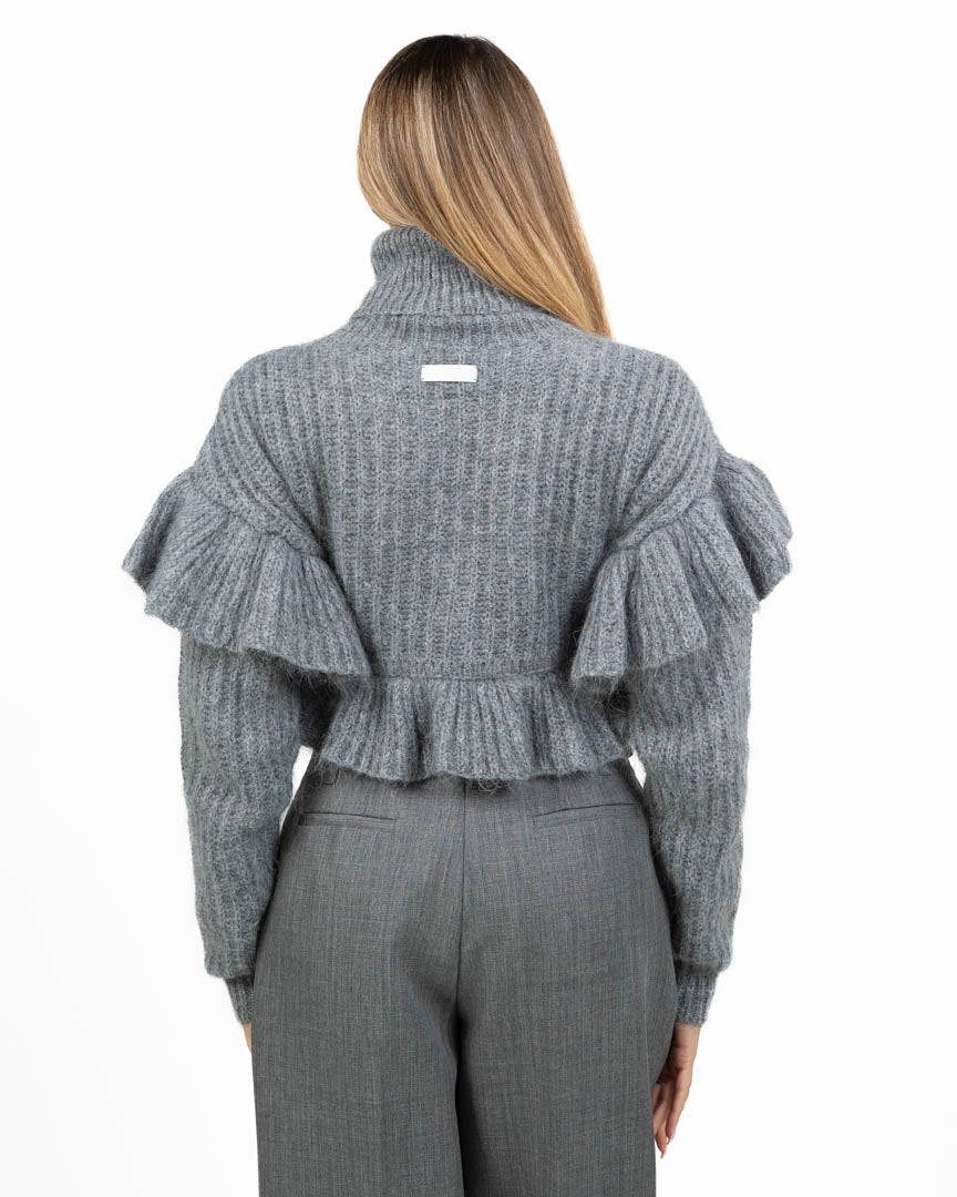 Maglione Elisabetta Franchi Dolcevita Crop in Maglia Melange con Volant