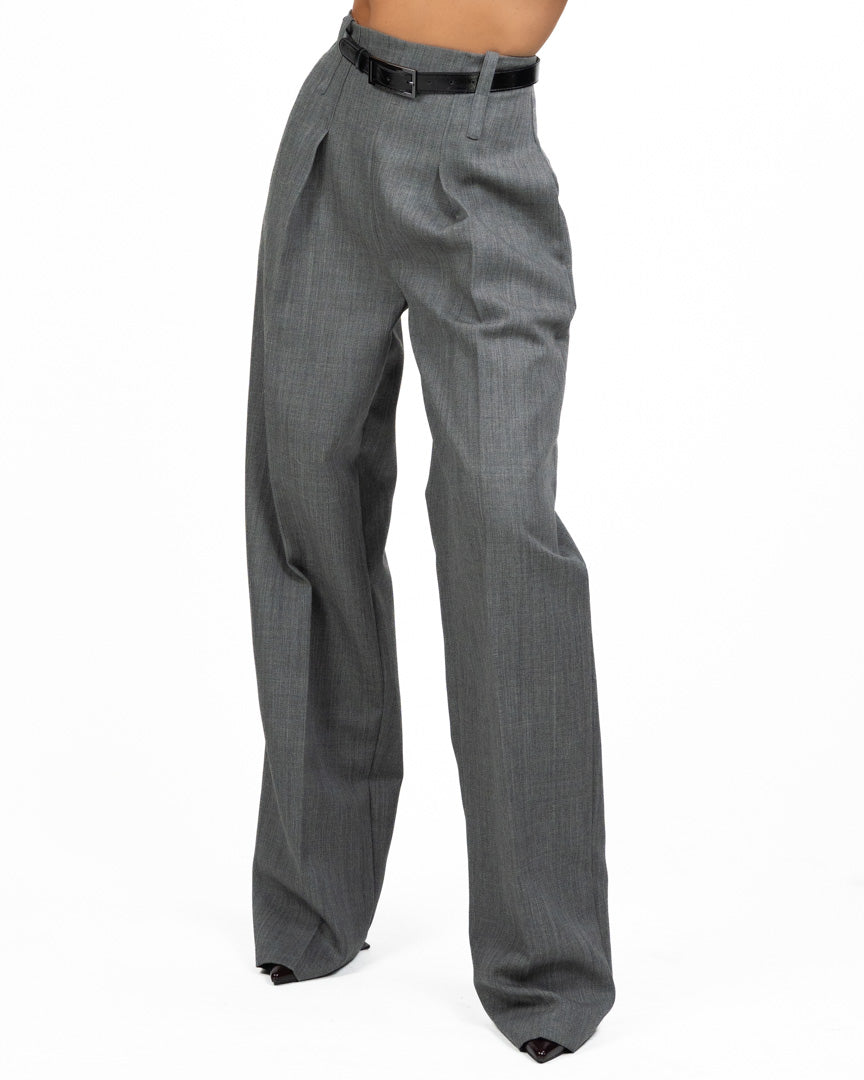 Pantalone Elisabetta Franchi Palazzo in Panno Grigio con Pinces e Cintura