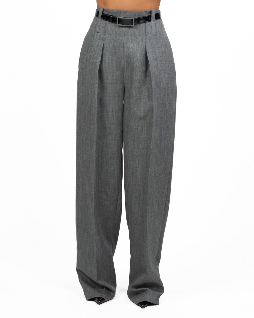 Pantalone Elisabetta Franchi Palazzo in Panno Grigio con Pinces e Cintura