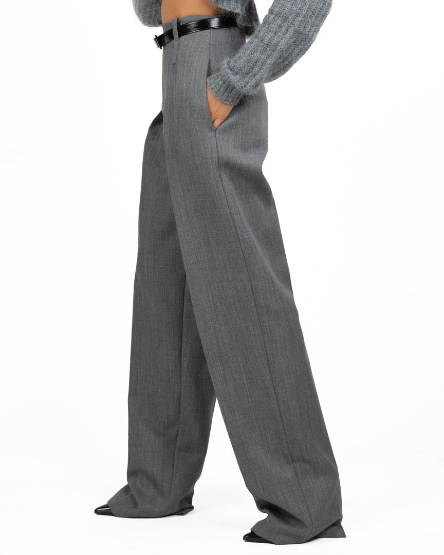 Pantalone Elisabetta Franchi Palazzo in Panno Grigio con Pinces e Cintura