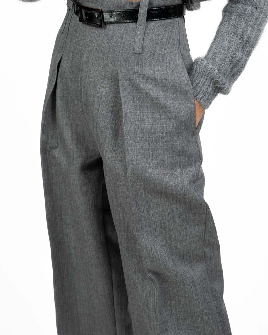 Pantalone Elisabetta Franchi Palazzo in Panno Grigio con Pinces e Cintura