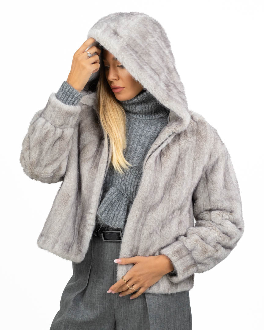 Giacca Corta in Ecopelliccia Grigio Chiaro con Cappuccio e Zip - Berti Mode Collection