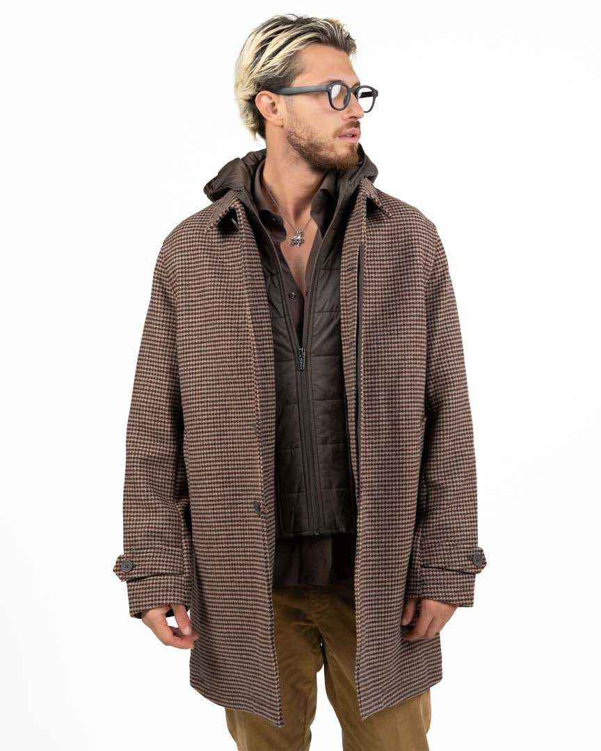Cappotto Singolo Petto a Micro-Check con Giaccotto Interno Imbottito e Cappuccio - At.p.co