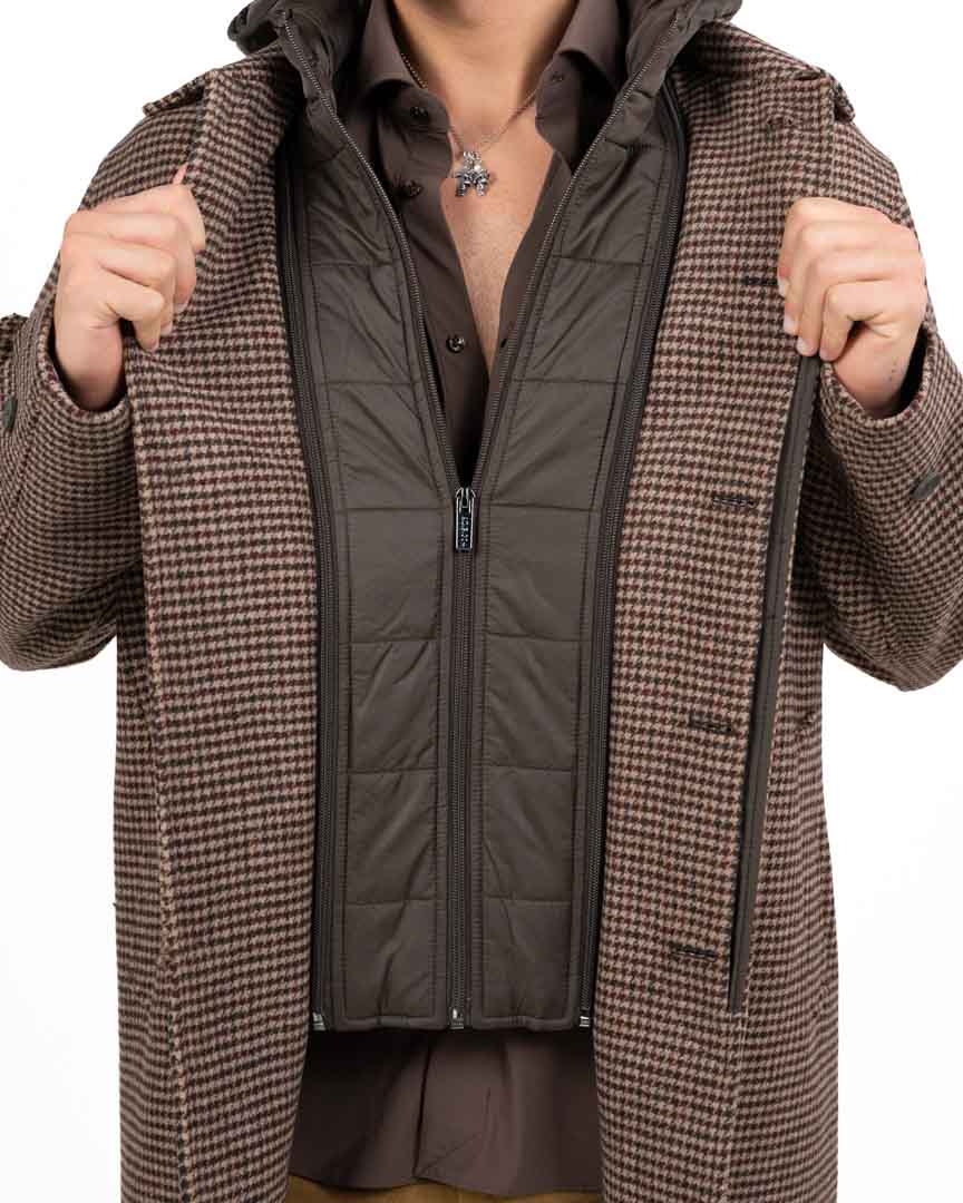 Cappotto Singolo Petto a Micro-Check con Giaccotto Interno Imbottito e Cappuccio - At.p.co