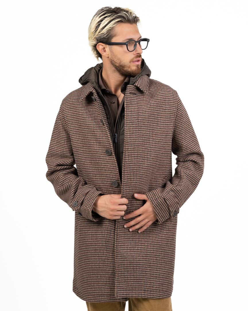 Cappotto Singolo Petto a Micro-Check con Giaccotto Interno Imbottito e Cappuccio - At.p.co