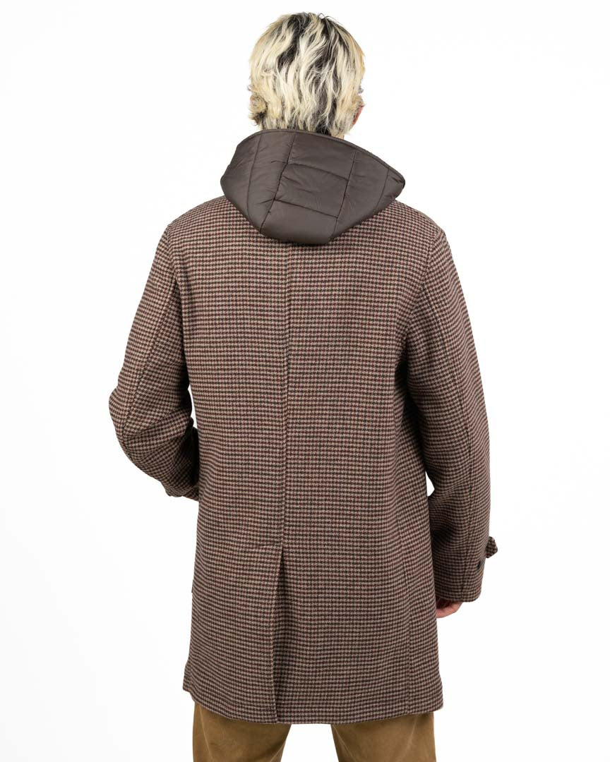 Cappotto Singolo Petto a Micro-Check con Giaccotto Interno Imbottito e Cappuccio - At.p.co