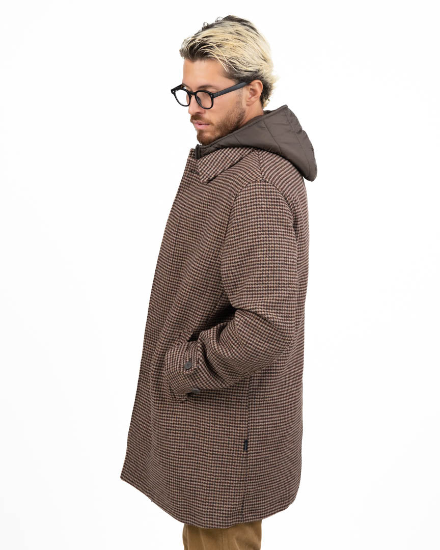 Cappotto Singolo Petto a Micro-Check con Giaccotto Interno Imbottito e Cappuccio - At.p.co